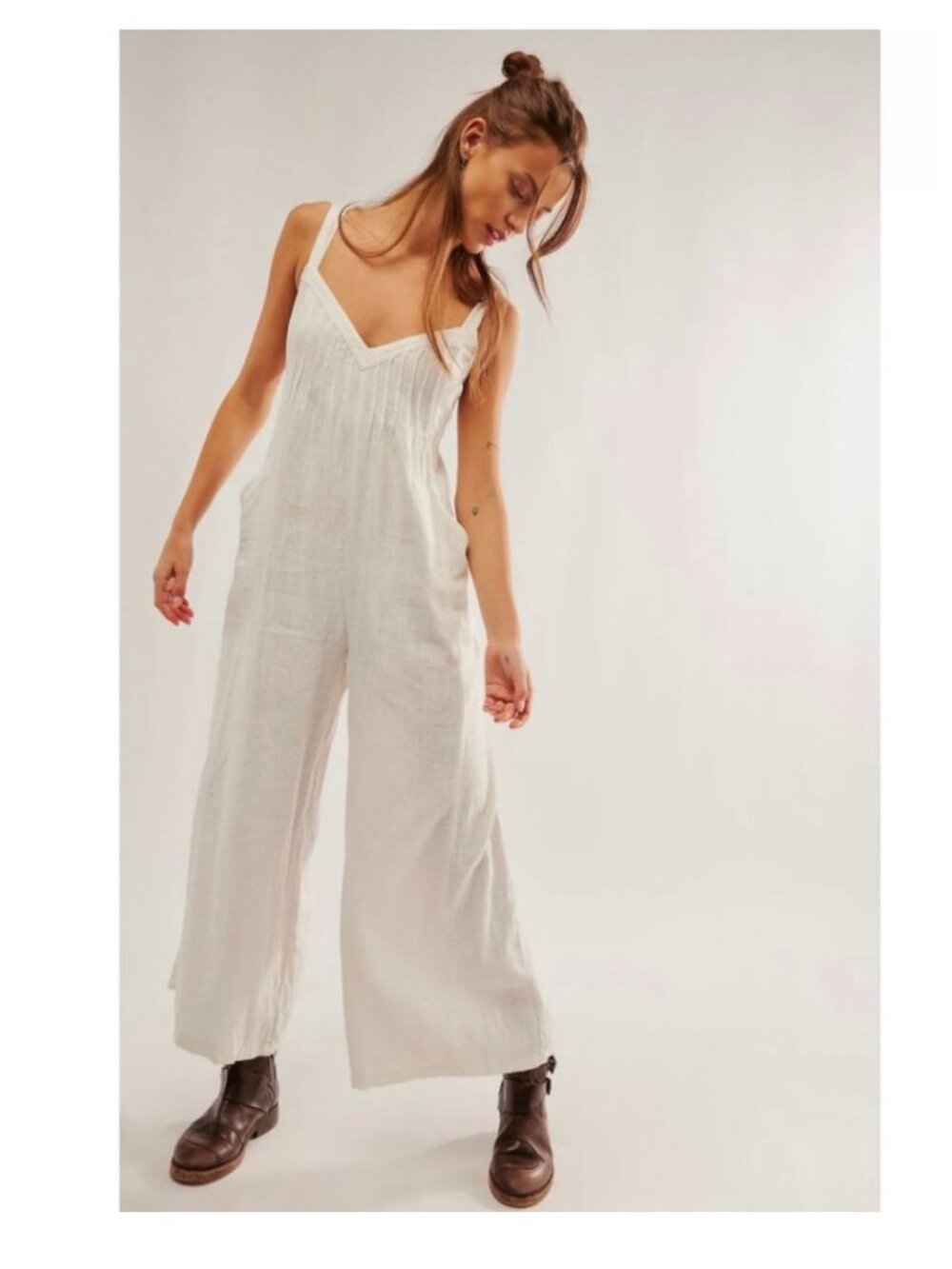 Free People Drifting Dreams Jumpsuit Womens XL Ivory Linen
